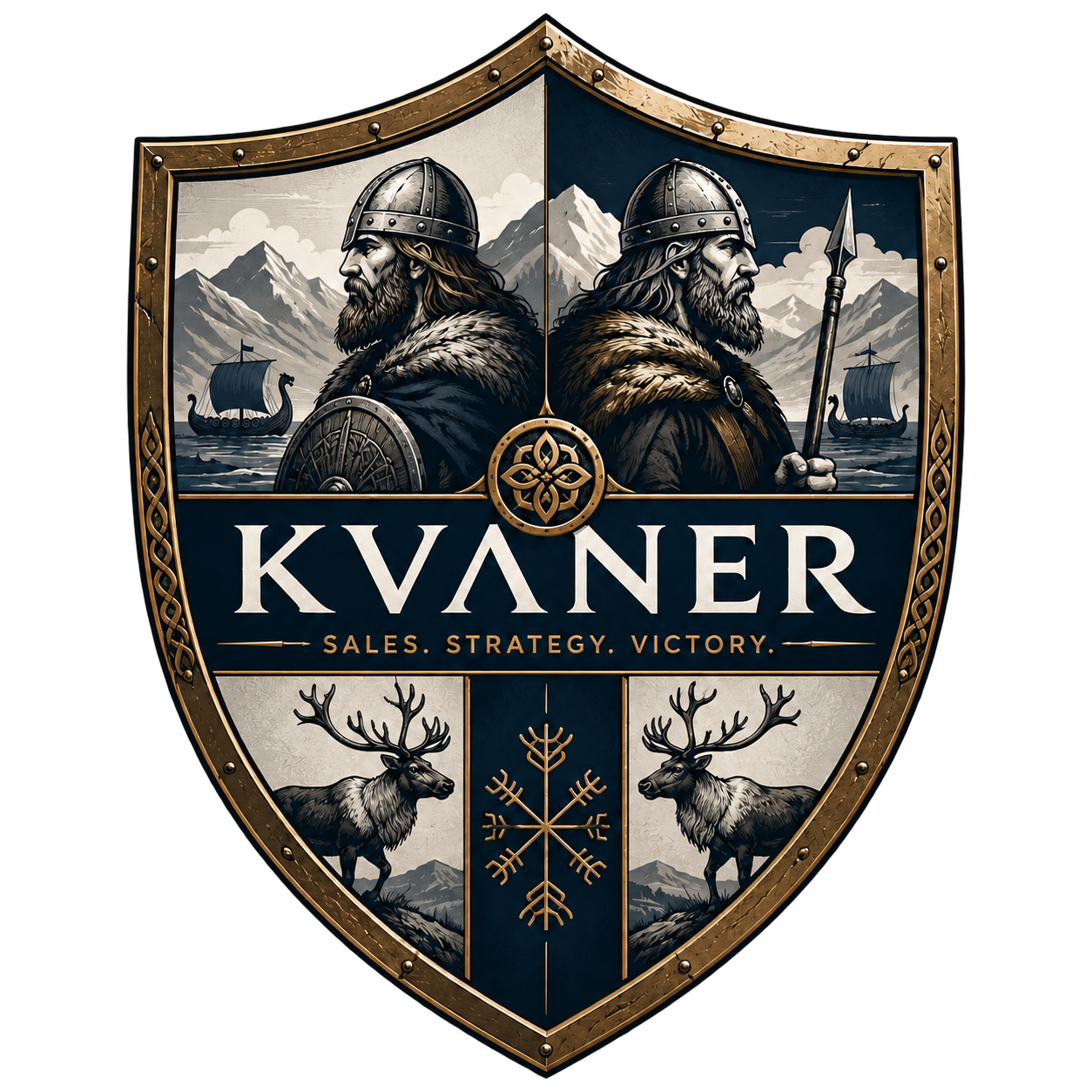Kvaner crest with two Vikings, longships and reindeer